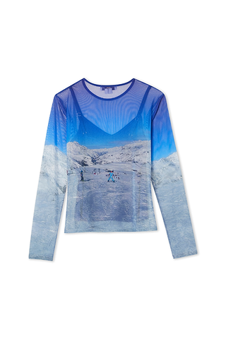 Sheer blue Ski Slopes Mesh Long Sleeve Top with a photographic mountain print and included slip vest.