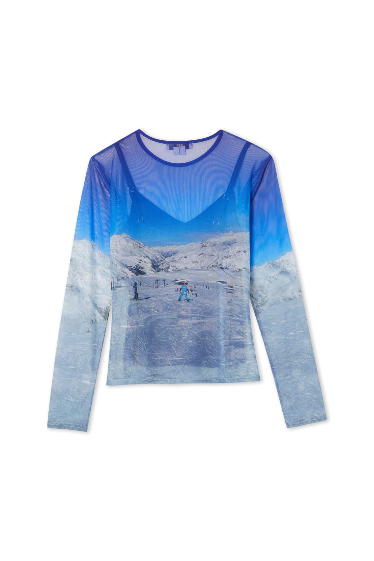Sheer blue Ski Slopes Mesh Long Sleeve Top with a photographic mountain print and included slip vest.