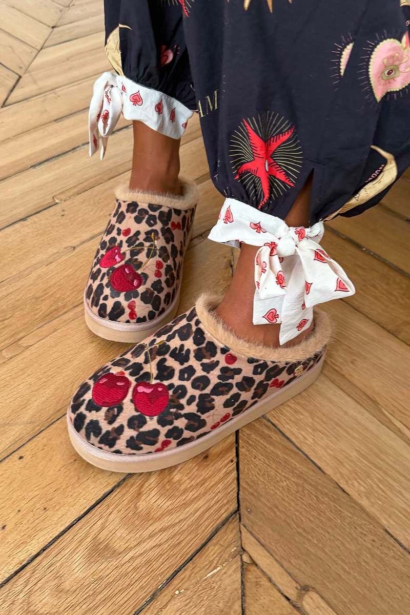 Leopard Cherry Fur Lined Platform Slipper