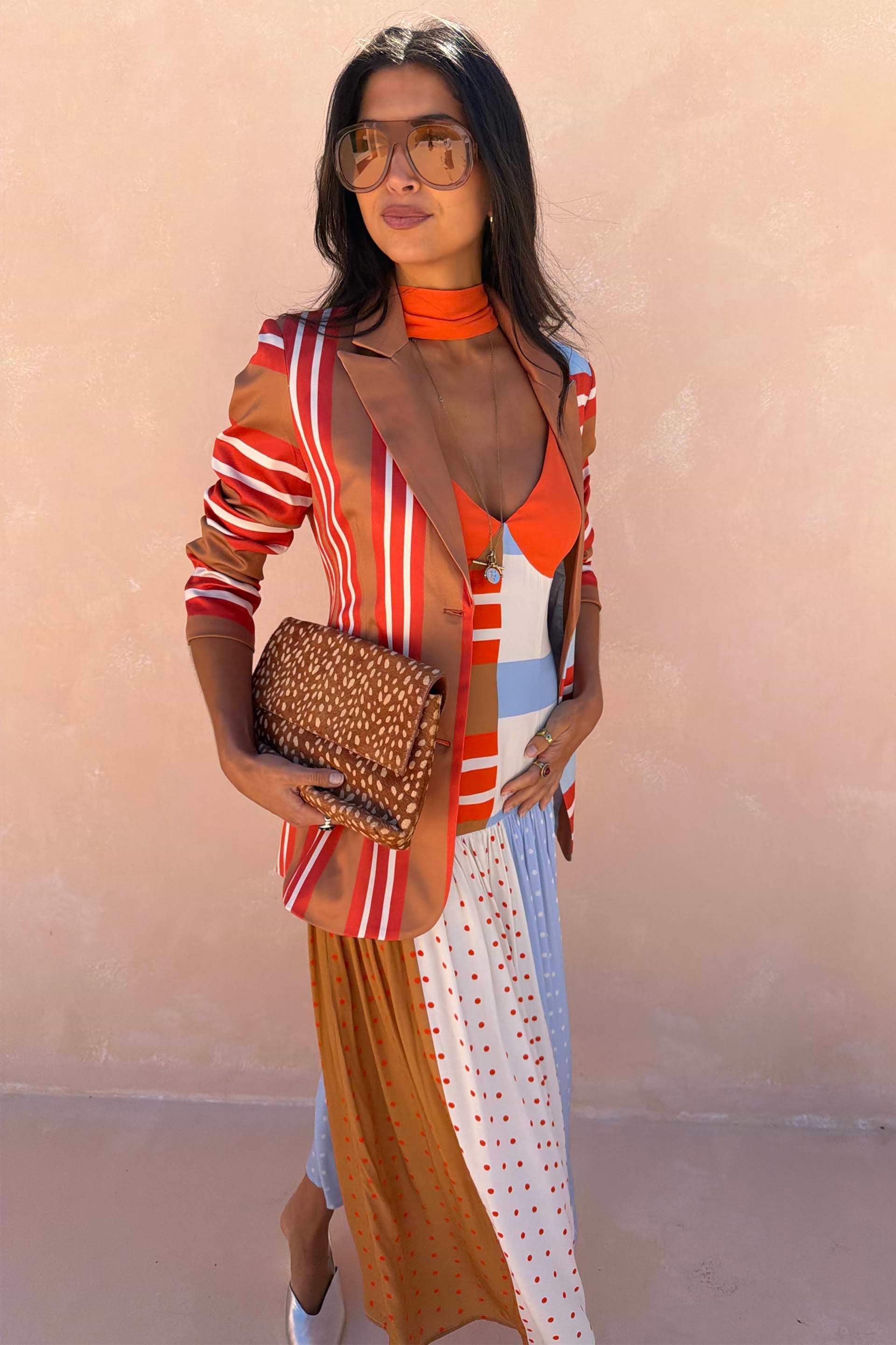 Multi Stripe Blazer with red and blue satin-esque stripes, a longline statement staple designed in London.