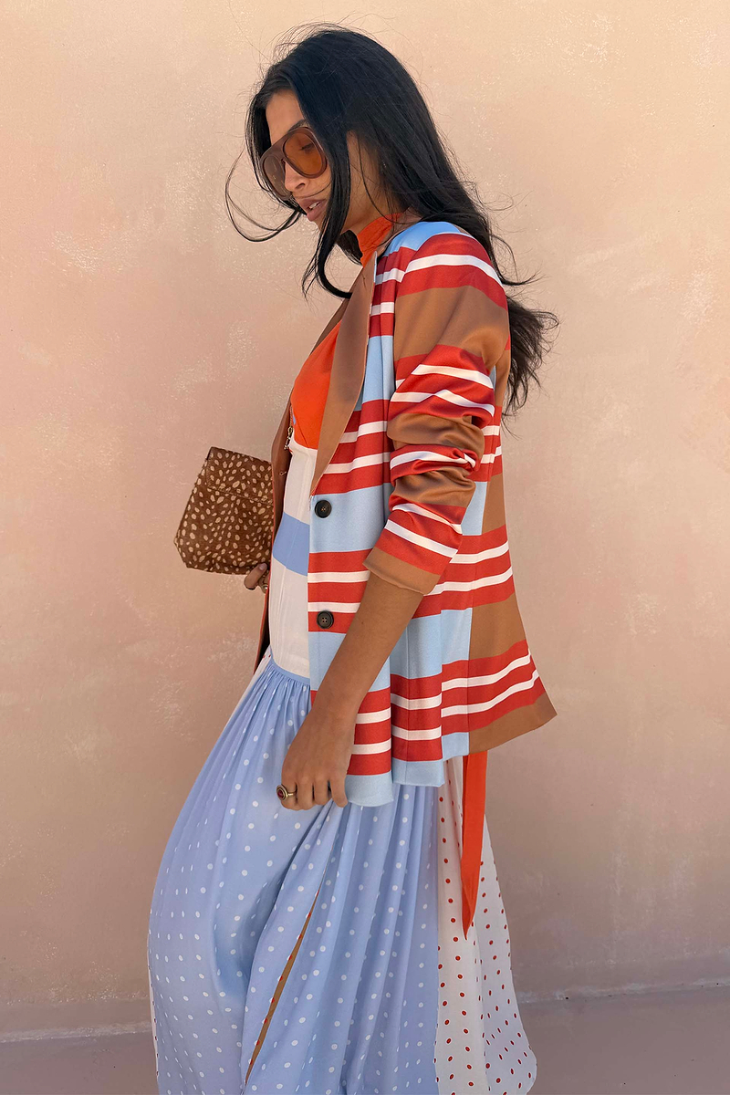 Longline Multi Stripe Blazer with red, blue and tan stripes in a structured, satin-esque fabric.