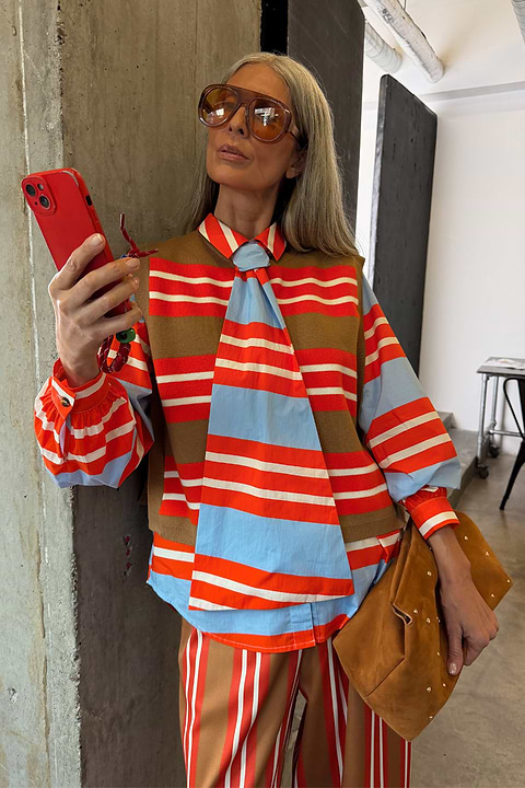 Multi Stripe Tank Top in tan and red soft touch knit, layered with stripes for a dopamine dressing look.