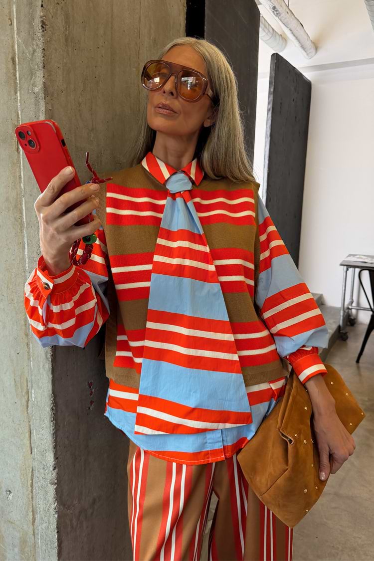 Multi Stripe Tank Top in tan and red soft touch knit, layered with stripes for a dopamine dressing look.