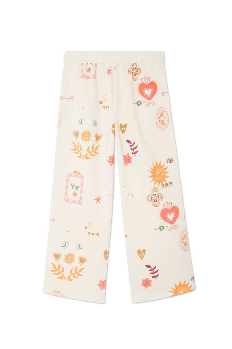 Cream Sundazed Wide Leg Accessible Joggers featuring vibrant sun, heart and star motifs in a relaxed fit.