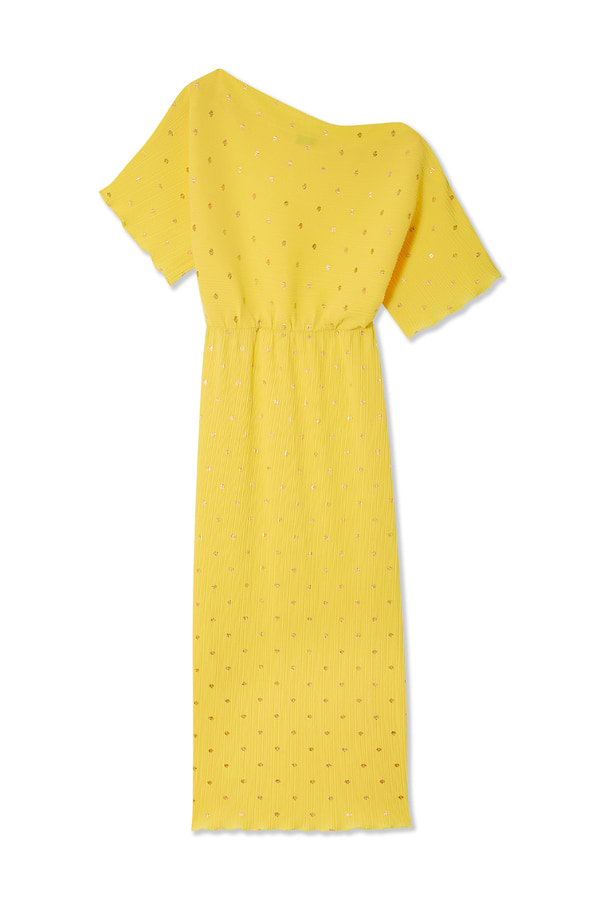 Yellow Sunshine Tilly Dress in plisse with gold flecks, featuring an asymmetric neckline and lettuce hem.