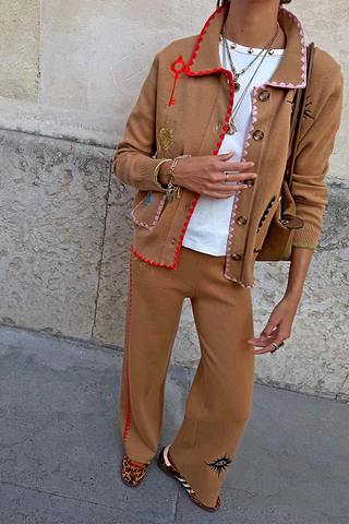 Tan Wide Leg Knit Joggers