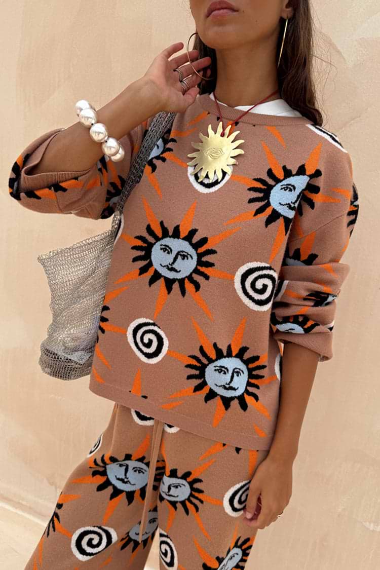 Tan Sun Copenhagen Jumper with Mediterranean-inspired sun and swirl motifs, styled as a soft knit co-ord.
