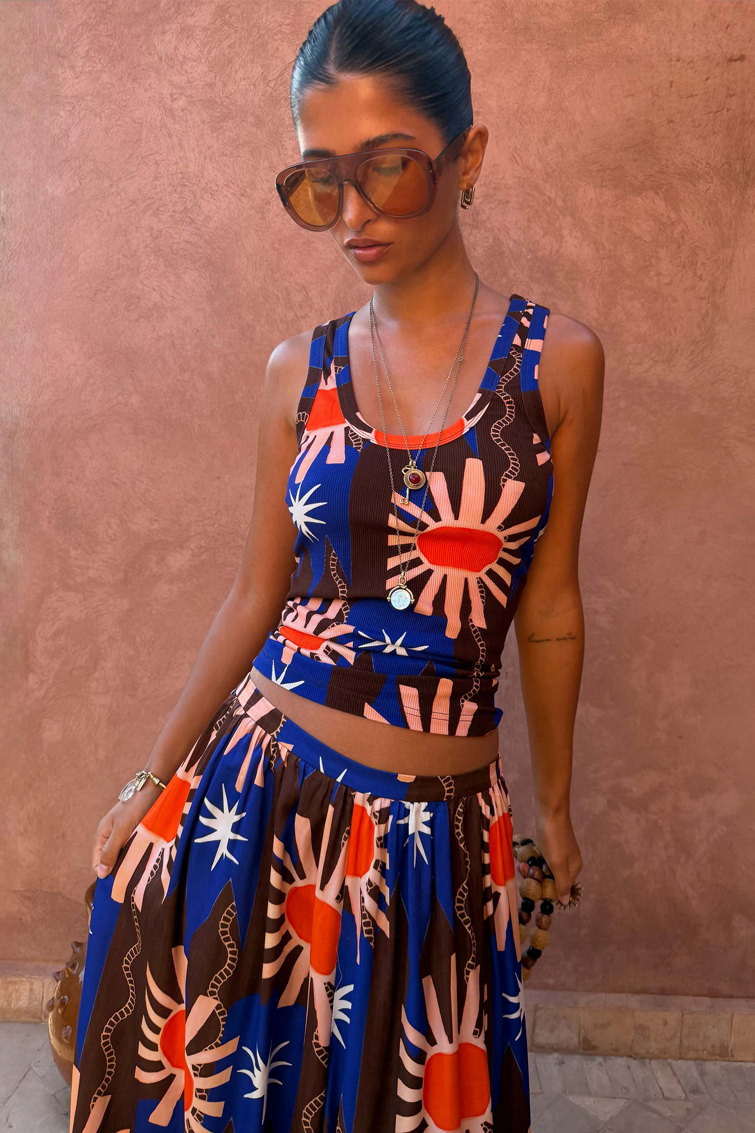 Chocolate & Blue Sun Scoop Neck Tank