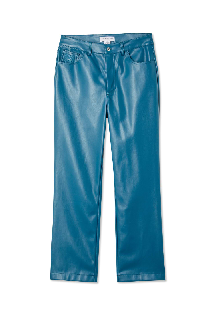 Teal Vegan Leather Trousers in a straight leg fit with a classic five-pocket design and embroidered logo.