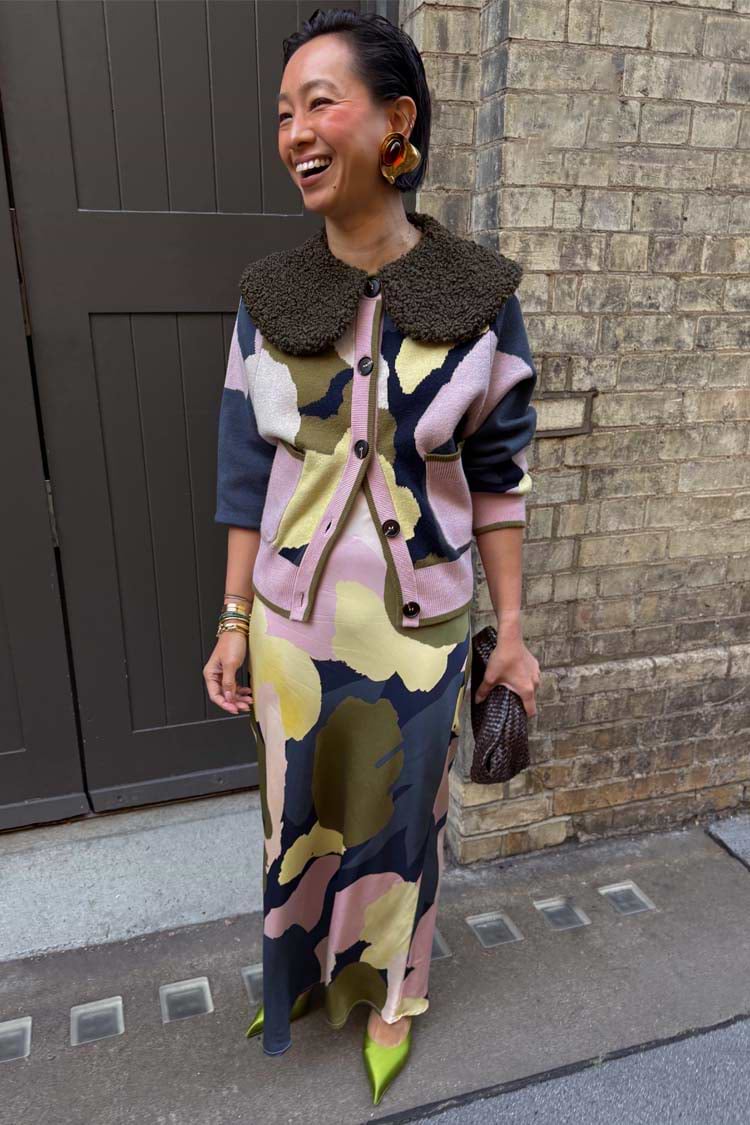 Teal Mara Abstract Cheryl Cardigan with a detachable wool collar, styled as a co-ord with a matching print skirt.