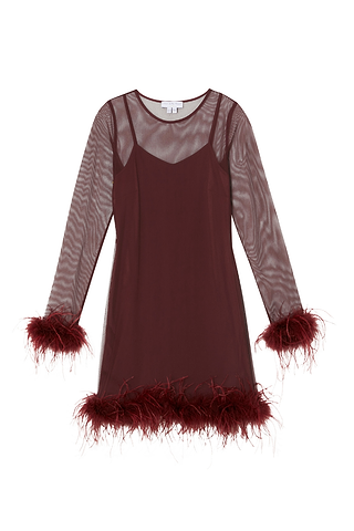 Wine Mesh Feather Mini Dress with long sheer sleeves and detachable feather trims at the cuffs and hem.