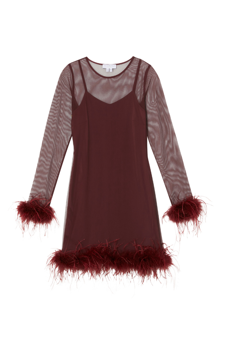 Wine Mesh Feather Mini Dress with long sheer sleeves and detachable feather trims at the cuffs and hem.
