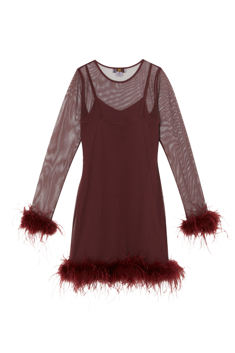 Wine Mesh Feather Mini Dress in burgundy with long sheer sleeves, detachable feather cuffs and hem.