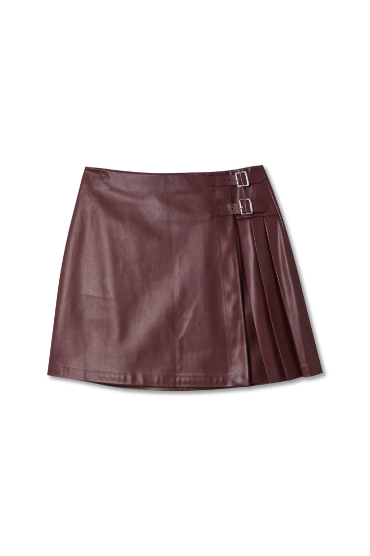 Burgundy vegan leather mini kilt skirt featuring pleated side detailing and silver-tone buckle fastenings.