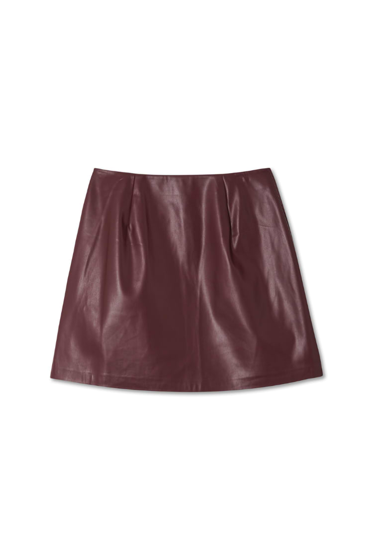 Burgundy vegan leather mini kilt skirt in a rich wine tone featuring pleated side detailing.