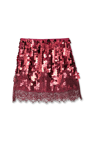 Burgundy Large Sequin Mini Maeva Skirt featuring a delicate lace hem and shimmering deep wine paillettes.