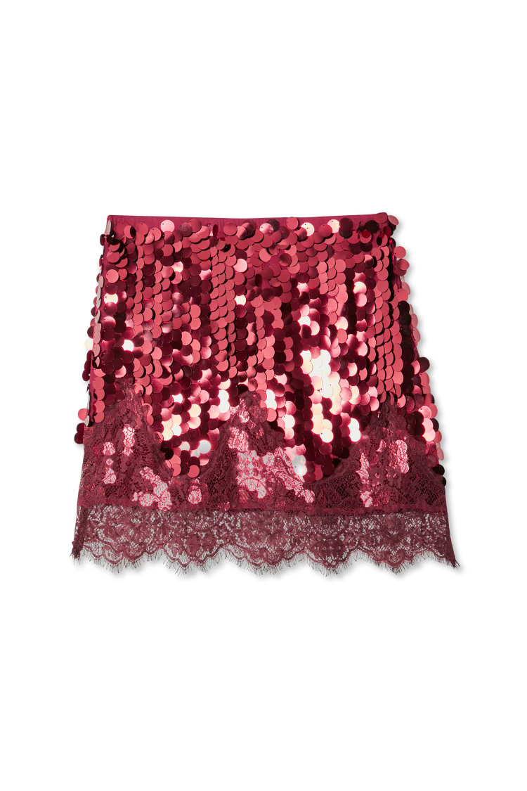 Burgundy Maeva mini skirt featuring large shimmering sequins and an intricate matching lace hem.