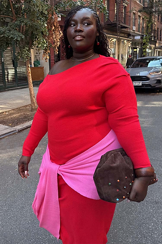 Red and Pink Afia Midi Dress in a soft knit with an off-the-shoulder neck and contrast tie waist.