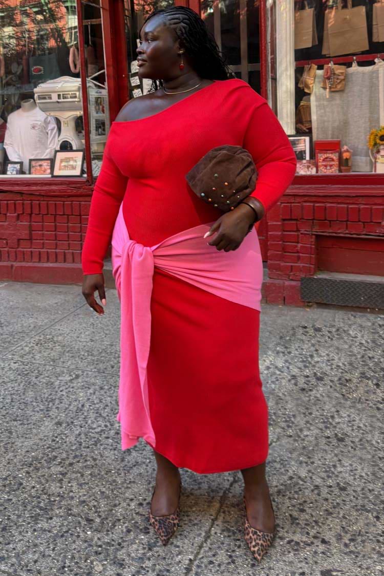 Red and Pink Afia knit midi dress with wrap tie detailing and an off-the-shoulder fit for inclusive sizing.
