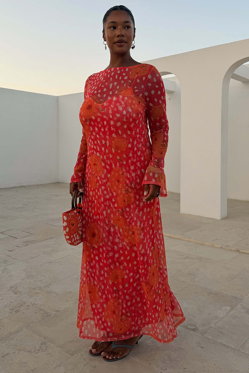 Coral Fawn Poppy Aria Dress in sheer mesh with a pink deer and orange poppy print, featuring flared sleeves.