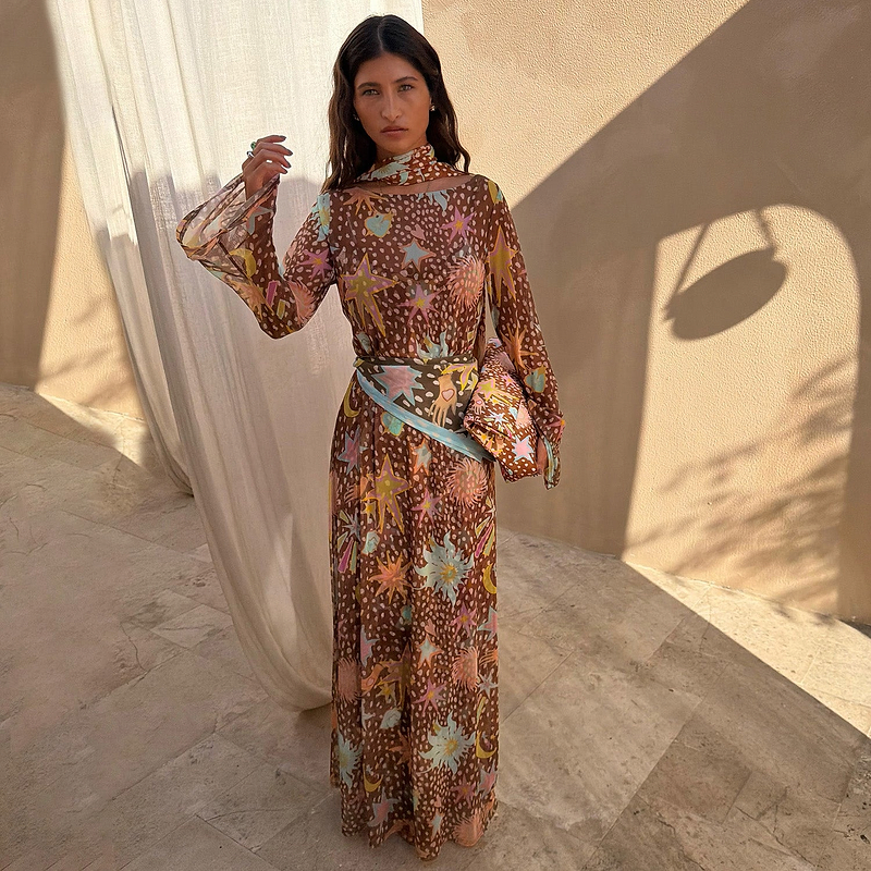 Star Fawn Aria Mesh Dress in brown with sun and star motifs and sheer flared sleeves for feel good dressing.