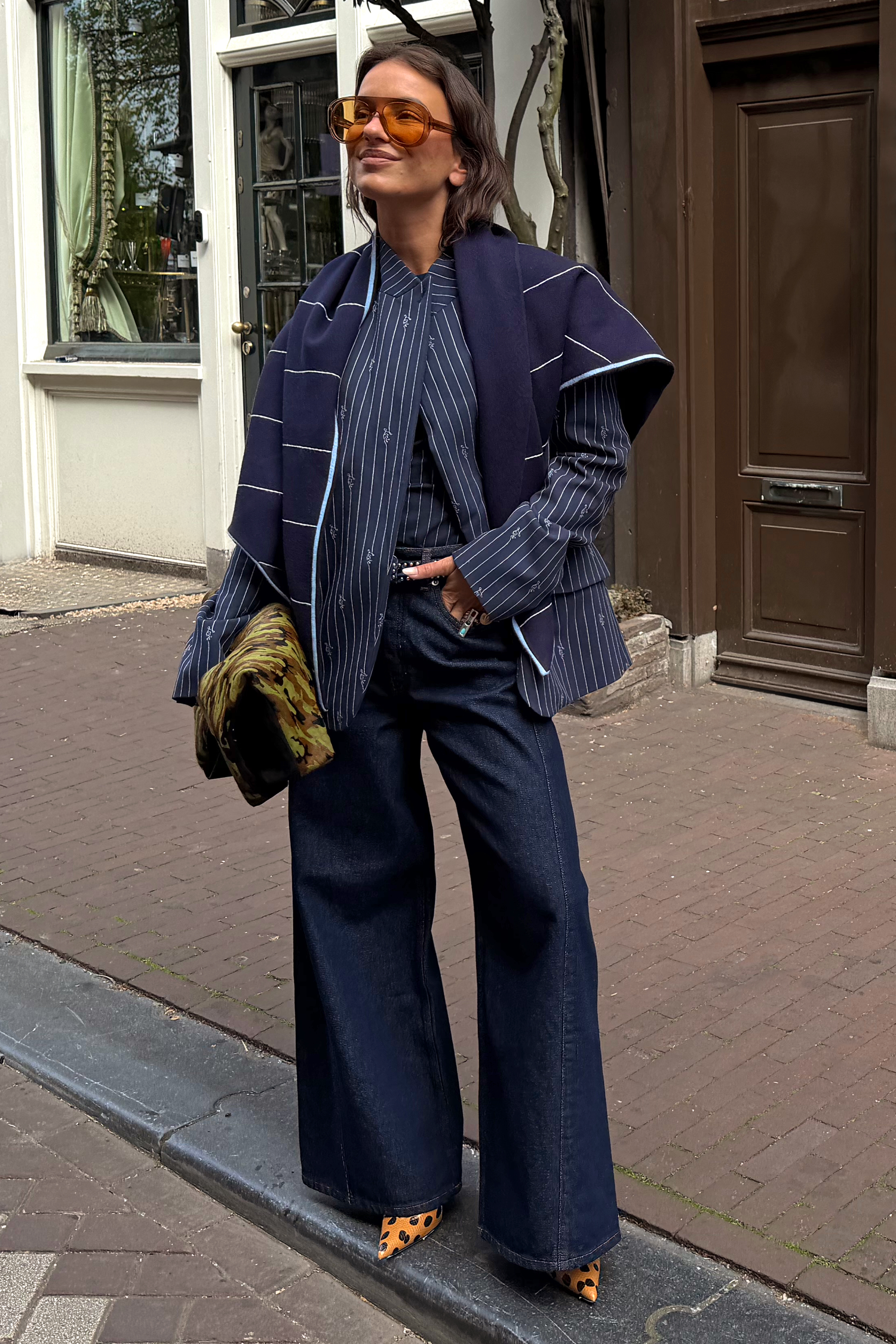 Navy Pinstripe Fold Over Blazer