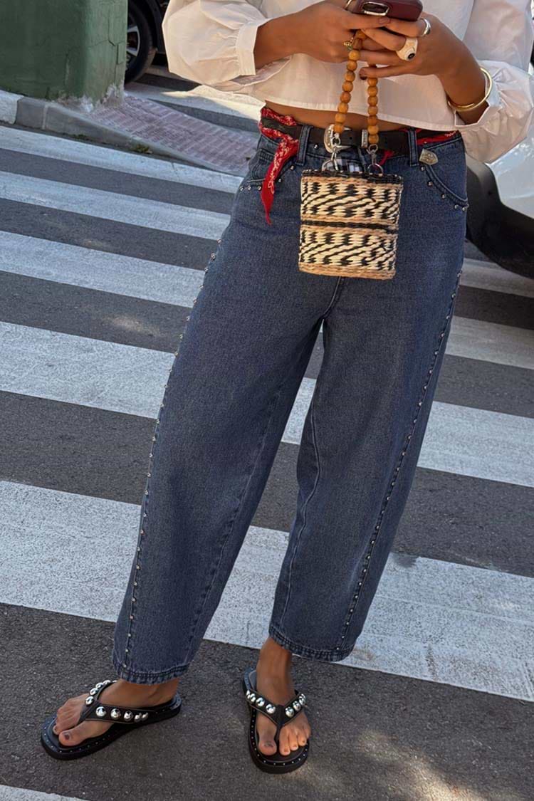 Blue Studded Barrel Jeans with silver side studs and a structured barrel leg, styled in a street style London look.