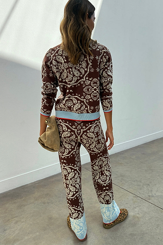Chocolate Bandana Wide Leg Trousers in a brown knit co-ord with an iconic print and contrast blue hems.