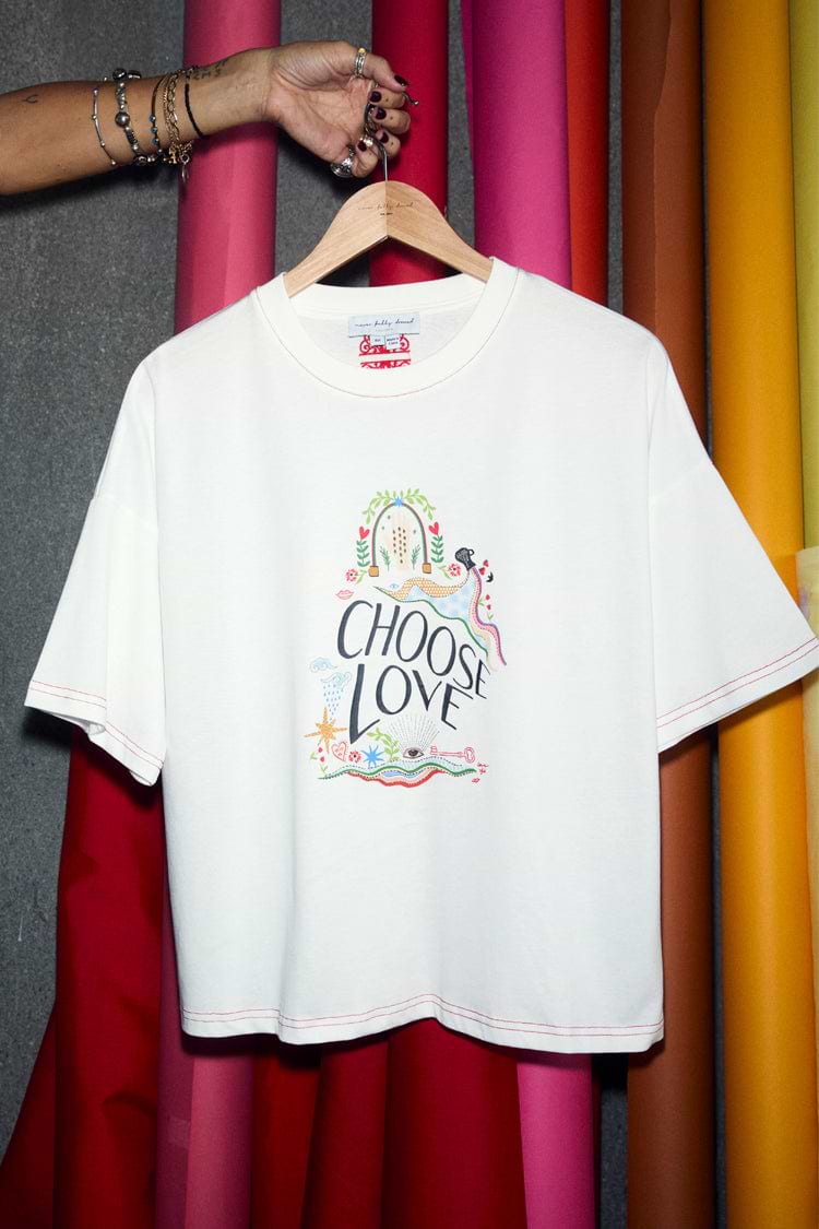 White cotton Choose Love T-Shirt featuring a colourful front graphic and red contrast stitch detailing.