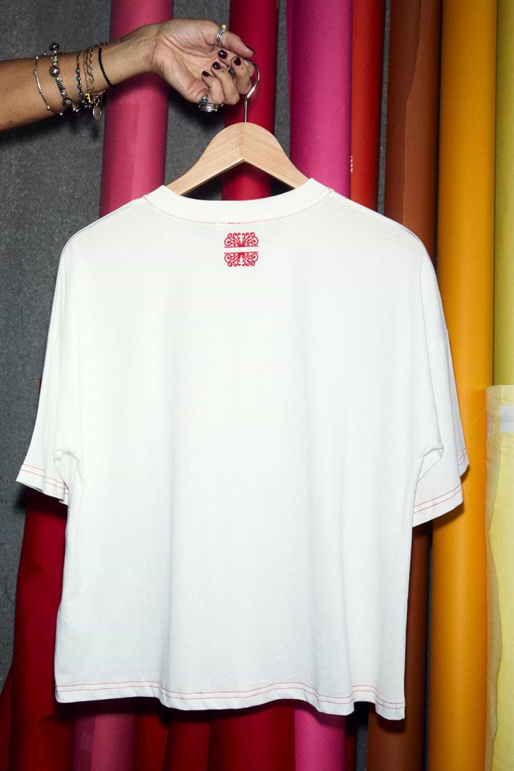White cotton Choose Love T-Shirt featuring red contrast stitching and a red logo detail on the back neck.