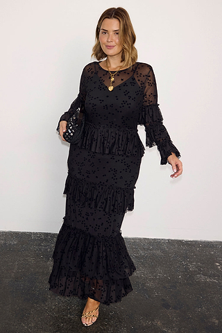 Black Star Devore Felicity Dress featuring tiered mesh ruffles and velvet star motifs on a curve model.
