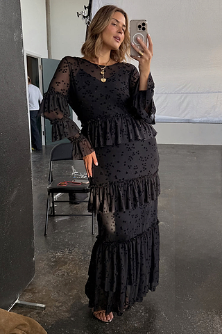 Black Star Devore Felicity Dress in mesh with velvet stars and tiered ruffles for inclusive sizing.