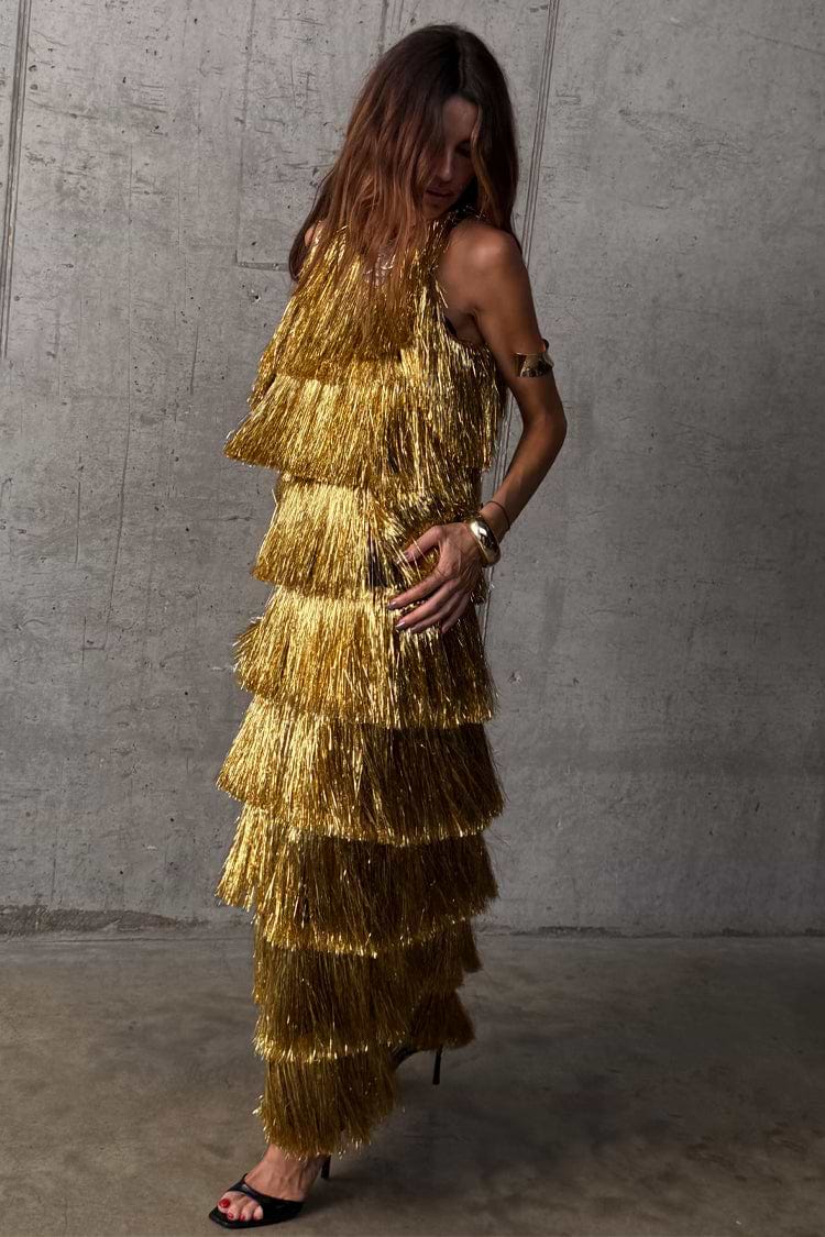 Gold Fringe Dress featuring tiered gold foil tassels and a midaxi length for a partywear look.