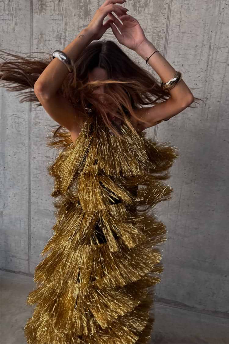 Gold Fringe Dress featuring tiered gold foil tassels, designed for movement and feel good dressing.