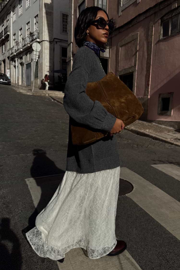 Grey Knit Jumper Dress featuring a cream sheer lace skirt, styled with a brown suede bag for a London street look.