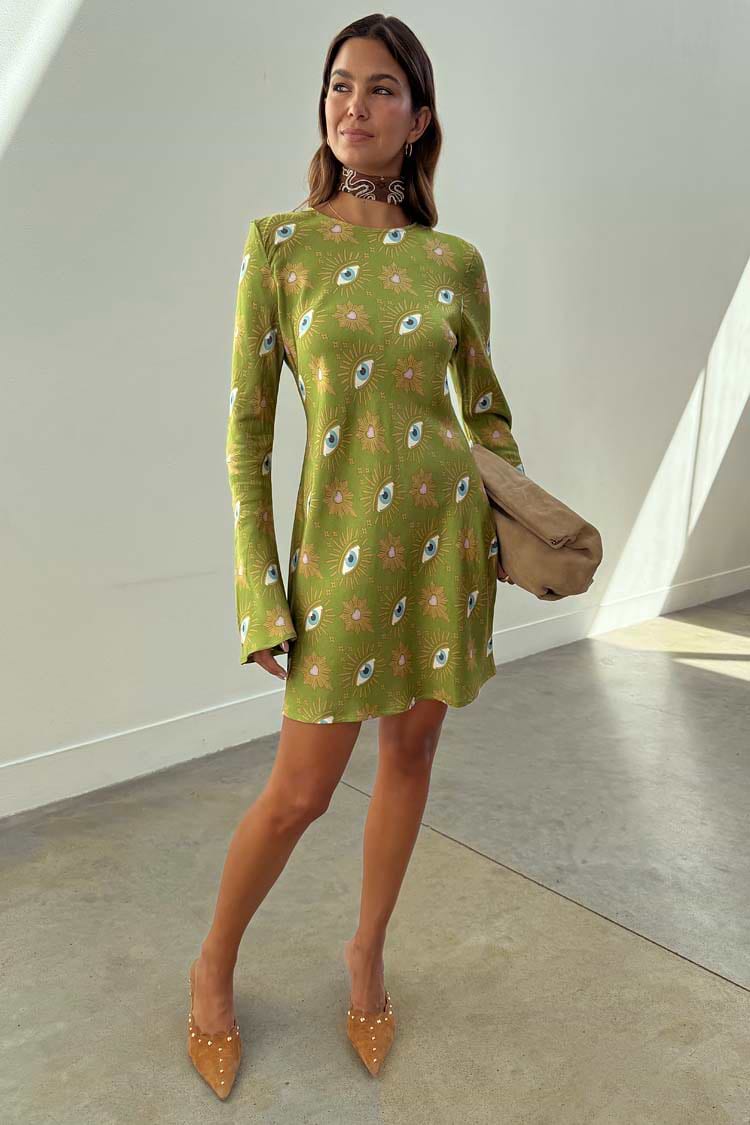 Khaki Eye Mini Soho Dress Petite in green with an iconic eye print, flared sleeves and an hourglass silhouette.