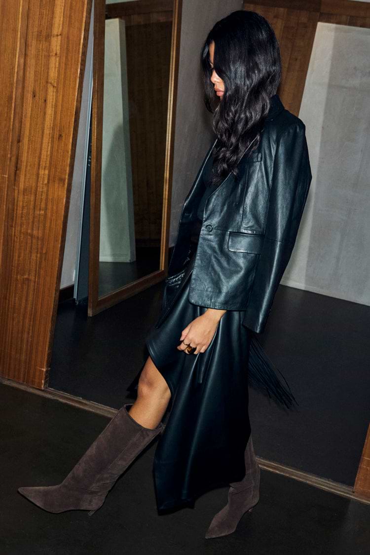Black Leather Blazer in a relaxed silhouette with shoulder pads, styled as a transeasonal investment piece.