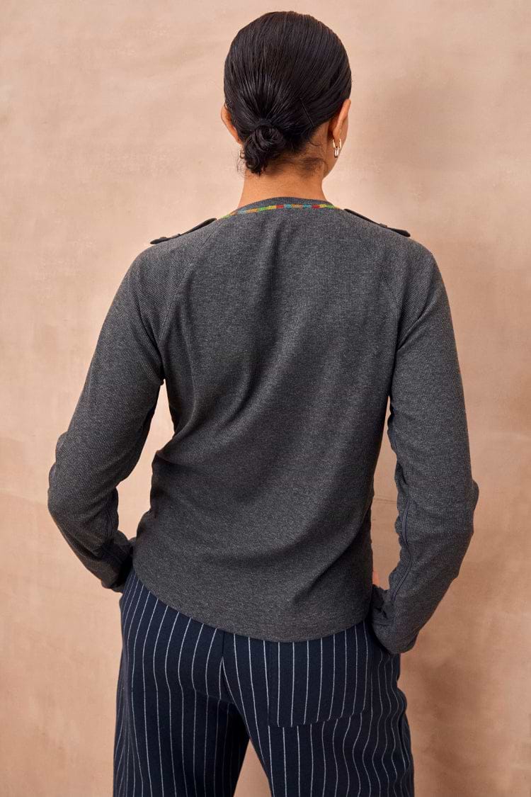 Charcoal Life is Tough Honey T-Shirt featuring a multicoloured neckline trim and functional shoulder tabs.