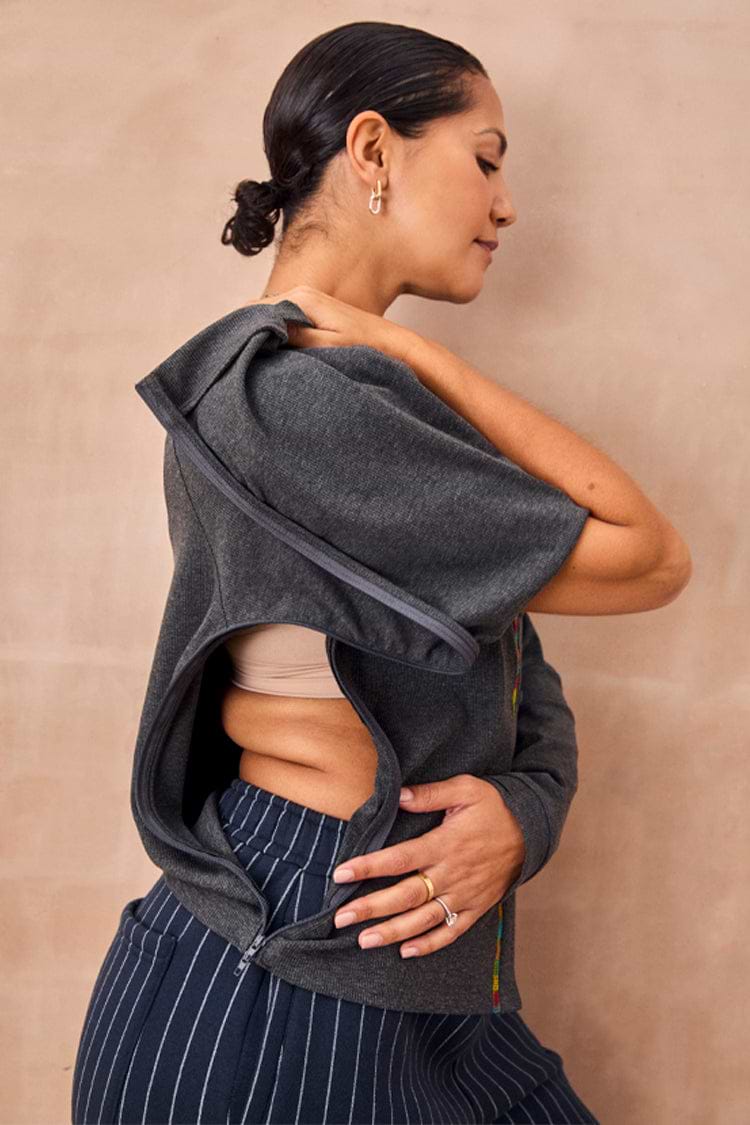 Charcoal Life is Tough Honey T-shirt with a functional side zip for medical treatment accessibility.