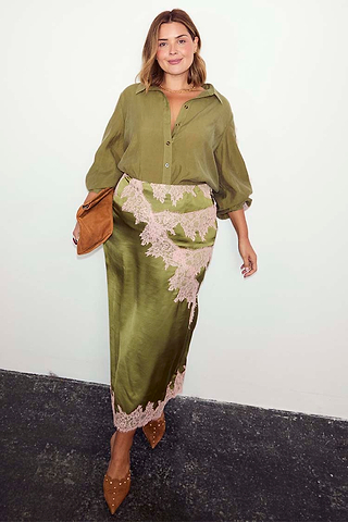 Olive Marley Shirt with pink lace accents, styled with a matching lace midi skirt for inclusive sizing.