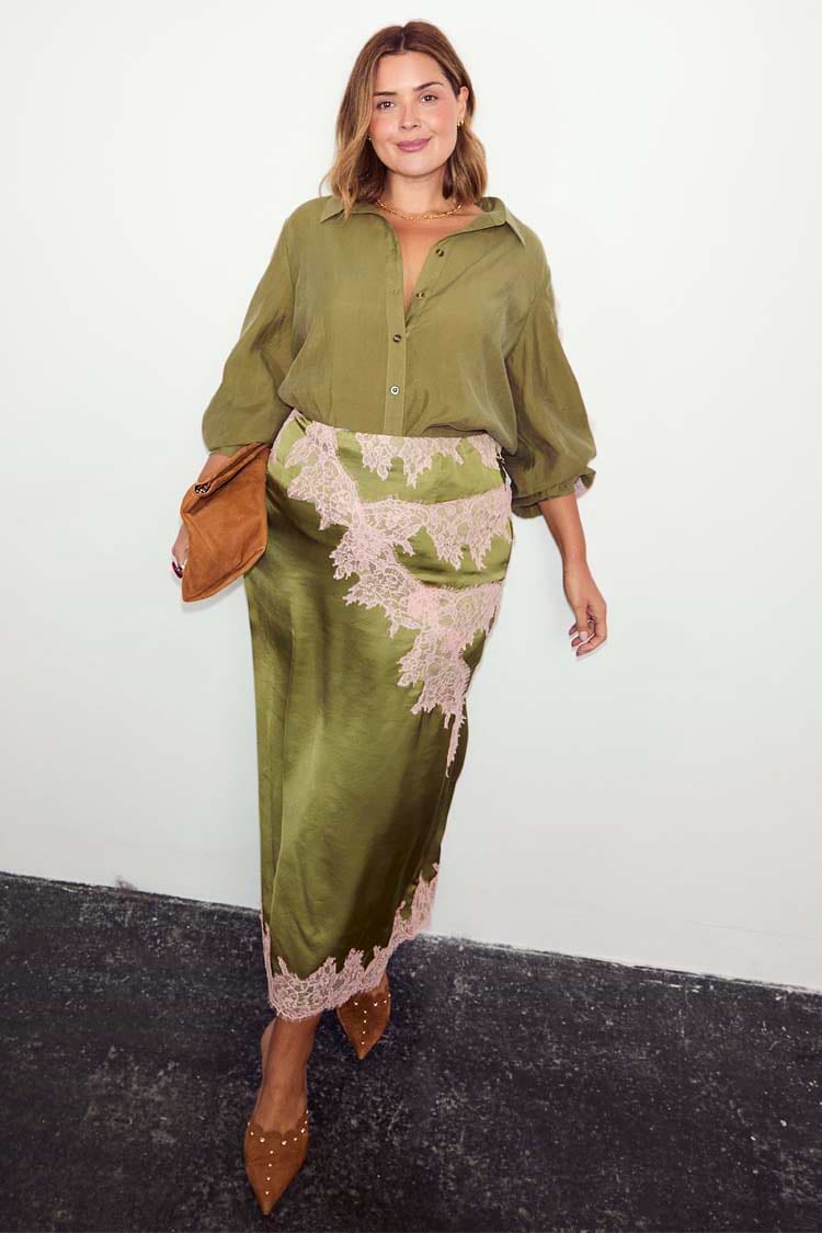 Olive Marley Shirt with pink lace accents, styled with a matching lace midi skirt for inclusive sizing.