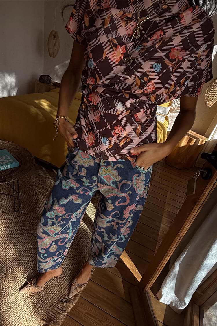 NFD Denim Paisley Barrel Leg Jeans in blue with a pink and green print, featuring a structured fit.