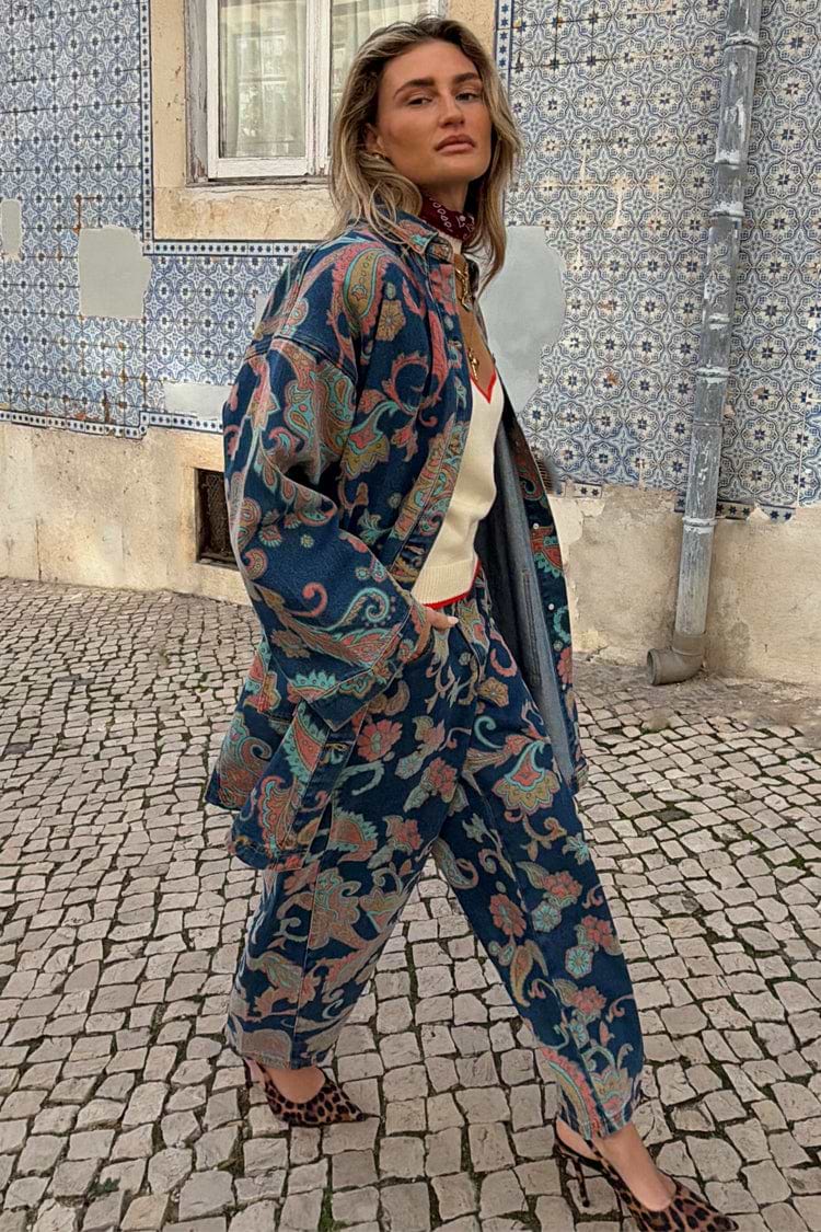 Blue Denim Paisley Barrel Leg Jeans with a pink and green print, styled as a co-ord with a matching shacket.