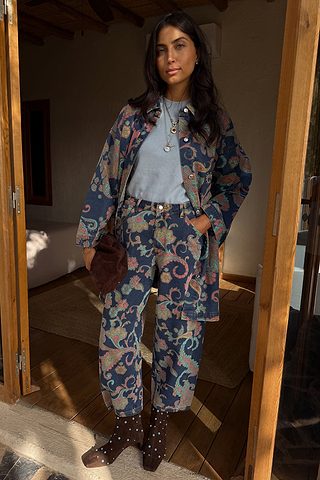 Blue Denim Paisley Barrel Leg Jeans and matching shacket featuring a multi-coloured print.