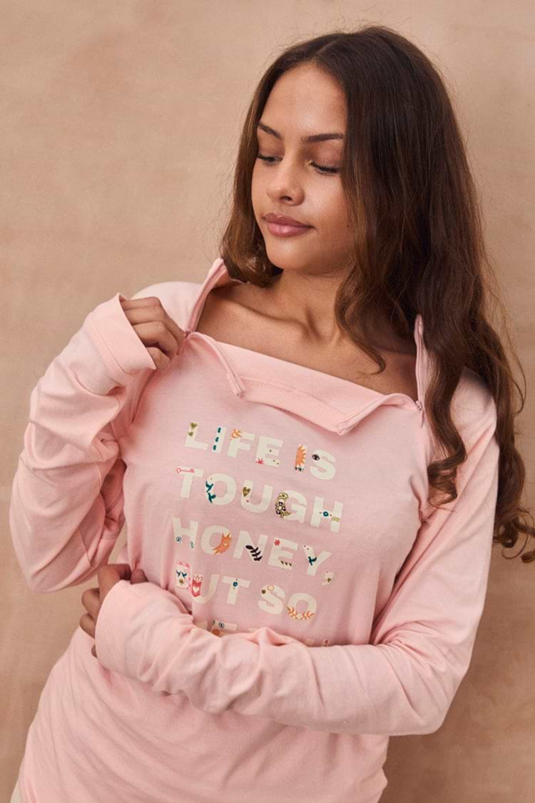 Pink Life is Tough Long Sleeve Accessible T-Shirt featuring a concealed neckline zip for treatment access.