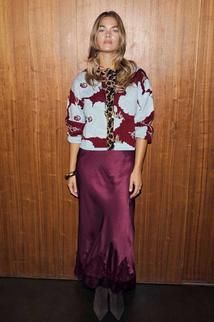 Burgundy and blue poppy print knit cardigan with leopard trim, styled with a long satin skirt.