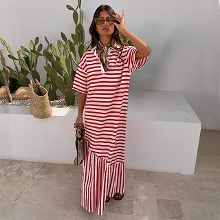 Red Stripe Jersey Dress in cotton with an asymmetric gathered skirt and buttoned neck for summer styling.
