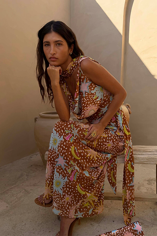 Brown Star Fawn Sophie Midaxi Dress featuring celestial motifs and a multi-wear detachable scarf.