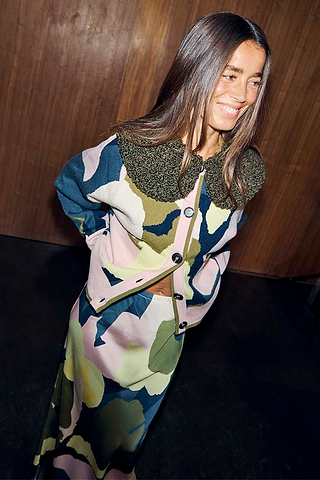 Teal Mara Abstract Cheryl Cardigan featuring a textured olive wool collar and multi-tonal artist print.