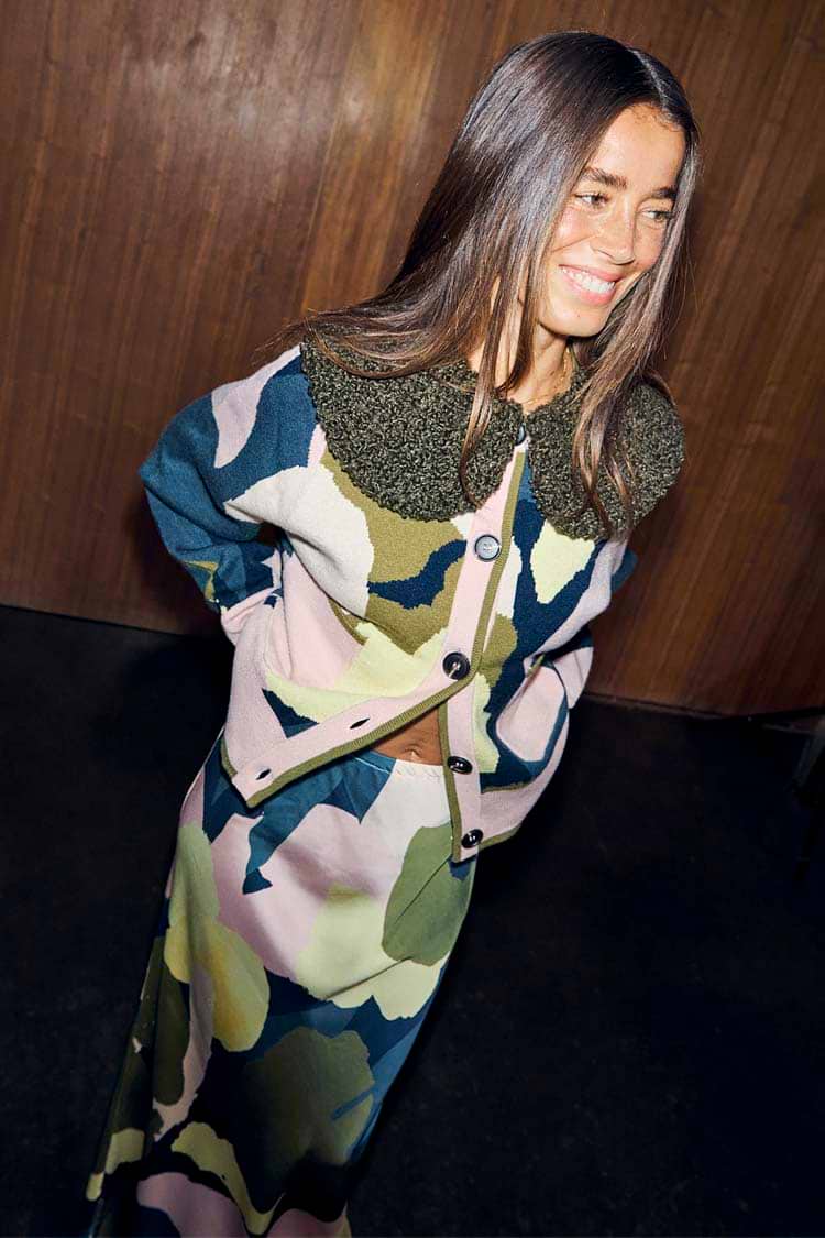 Teal Mara Abstract Cheryl Cardigan featuring a textured olive wool collar and multi-tonal artist print.
